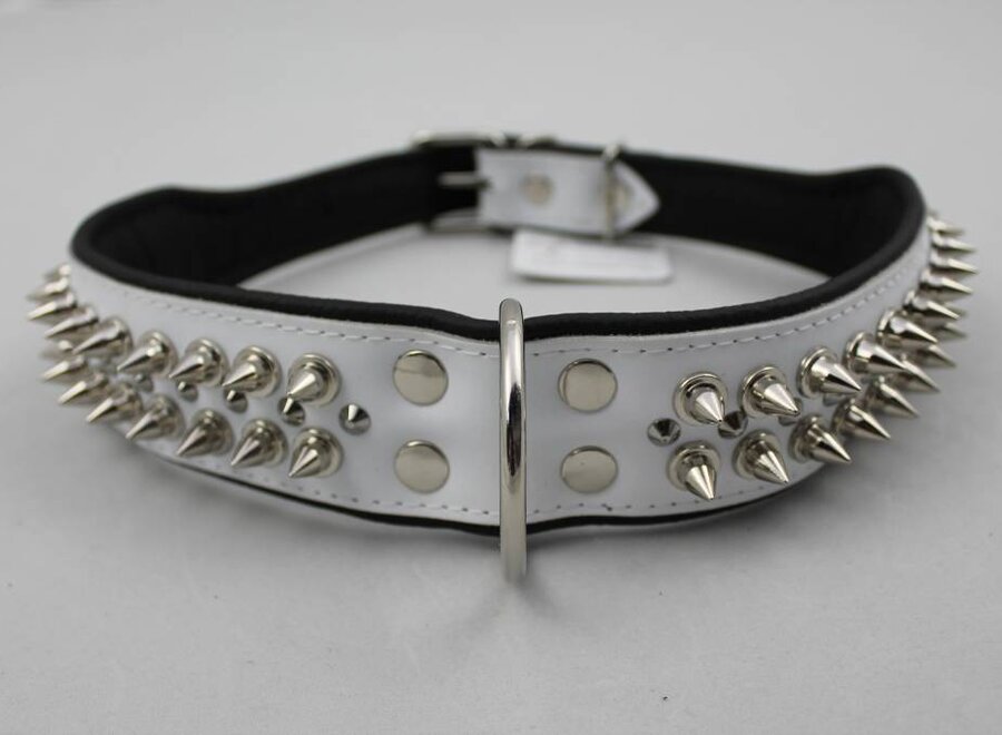 Leren halsband - met spikes - Wit/Zwart - 51-60 cm x 50 mm