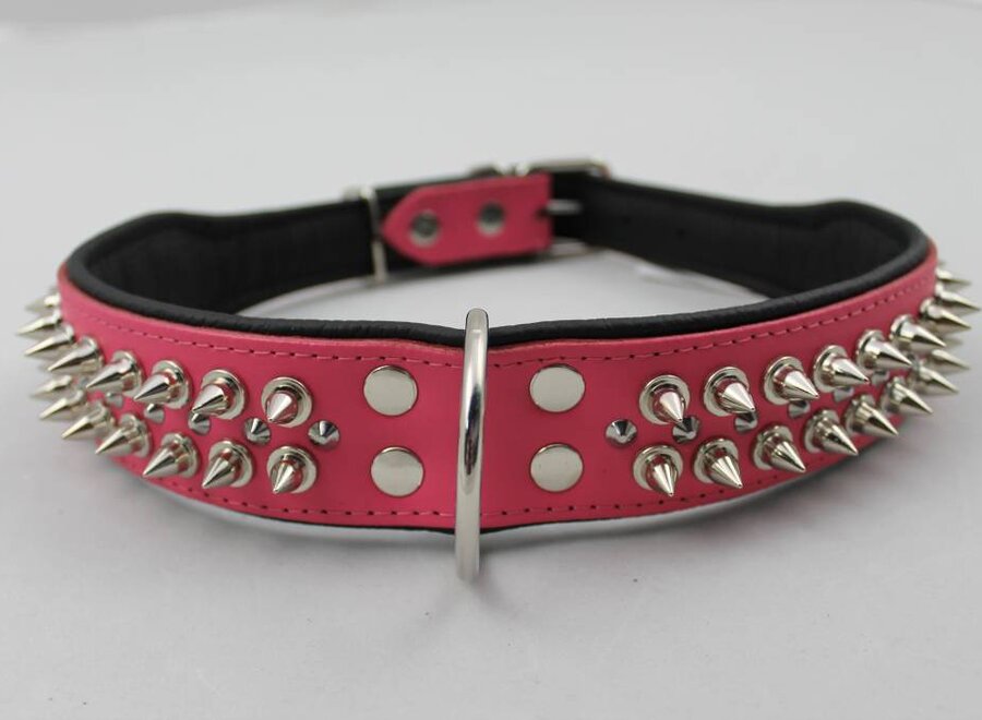 Leren halsband - met spikes - Roze/Zwart - 51-60 cm x 50 mm