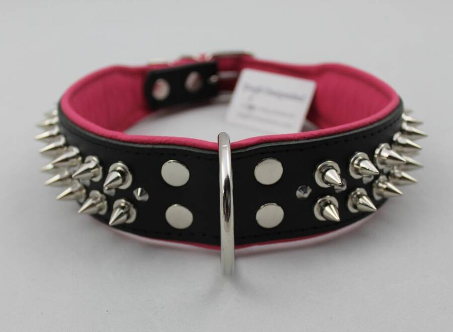 Leren halsband - met spikes - Zwart/Roze - 60-73 cm x 50 mm