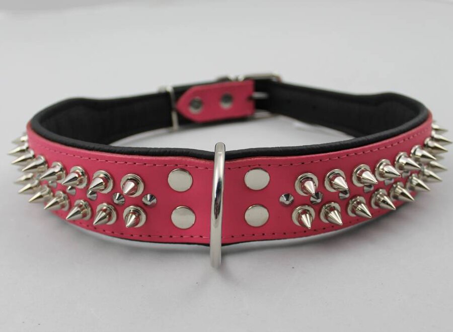 Leren halsband - met spikes - Roze/Zwart - 60-73 cm x 50 mm