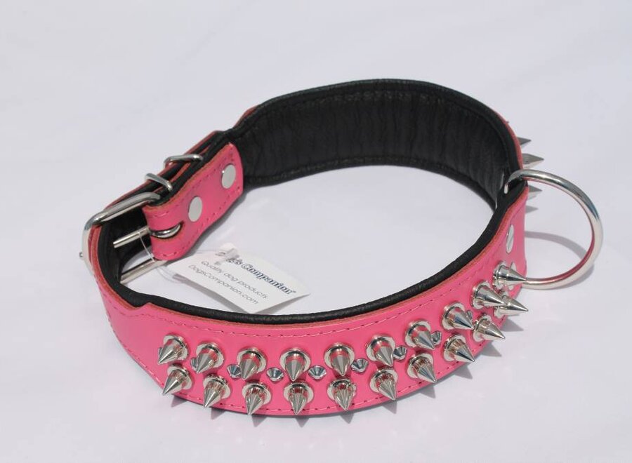 Leren halsband - met spikes - Roze/Zwart - 60-73 cm x 50 mm