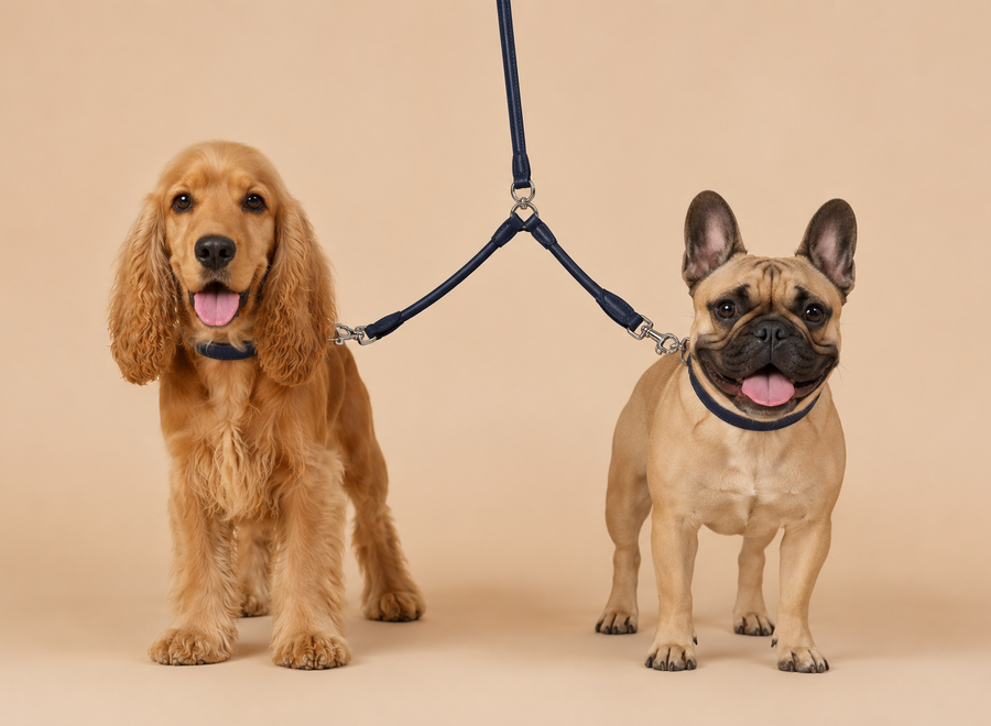 Leather coupler leash for two dogs