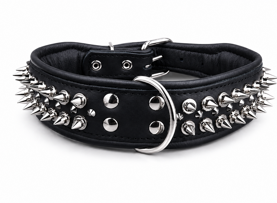 Leren halsband - met spikes - zwart - 60-73 cm x 50 mm