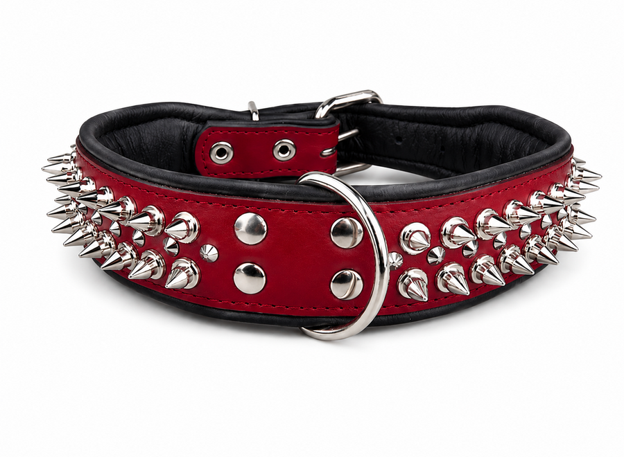 Leren halsband - met spikes - rood/zwart - 60-73 cm x 50 mm