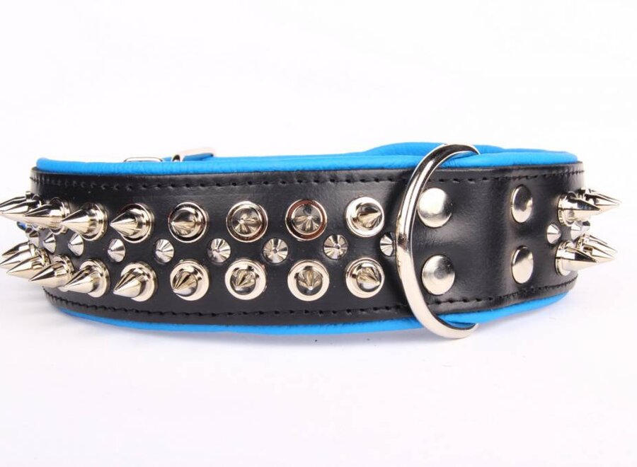 Leren halsband - met spikes - Zwart/Blauw - 51-60 cm x 50 mm