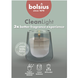 Bolsius kaarsen Starterkit Clean Light Cypress & Amber duurzaam dubbelwandig glas voor het gebruik van plantaardige wax. Hoogte 11,6 cm en een diameter van 8,3 cm.