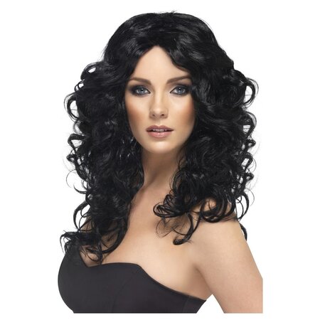 Glamour pruik lang zwart Curly