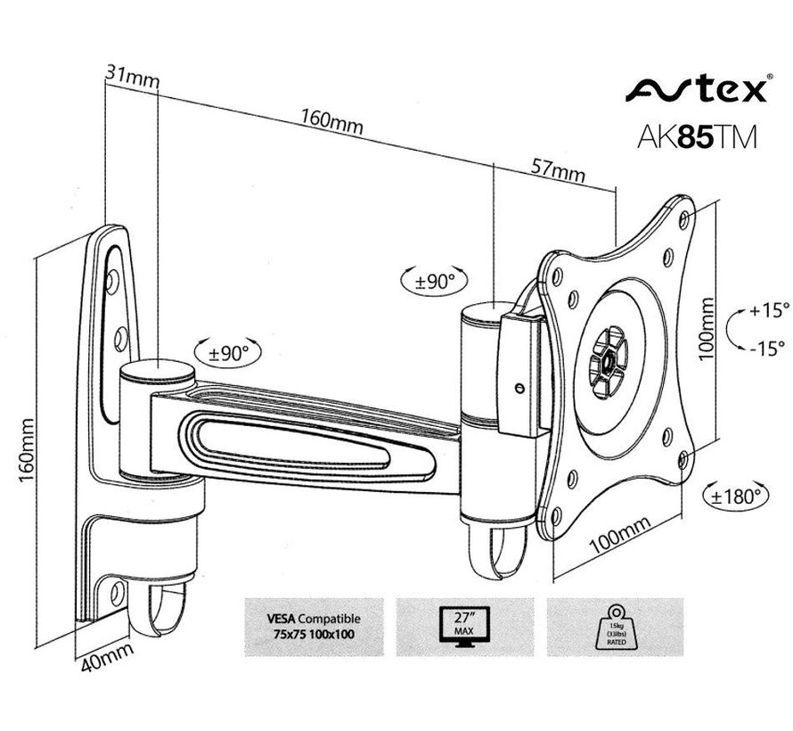 Avtex AK-85TM één armige vesa beugel aluminium