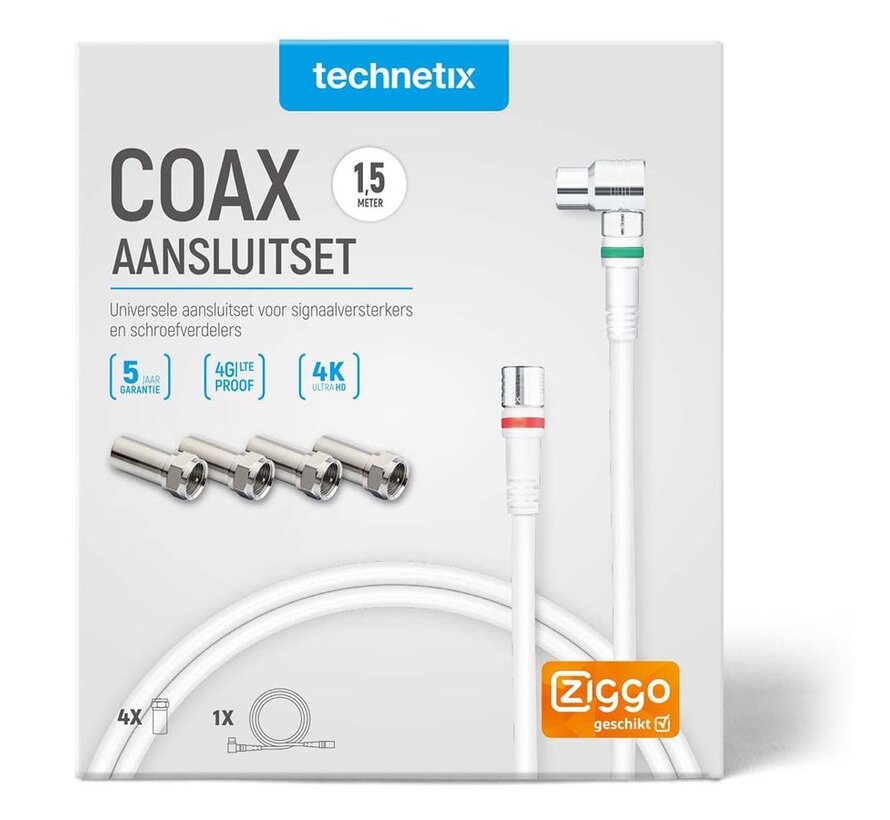 Technetix Connectionset F/IEC 1,5meter + 4 x F/IEC adapter - Ziggo geschikt