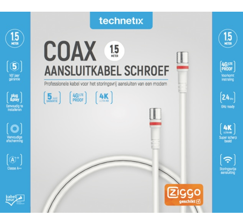 Technetix Technetix RLA++30  modem F-connector coaxkabel 1,5m - Ziggo geschikt