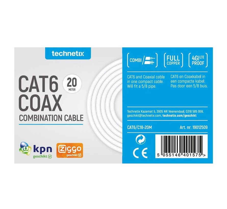Technetix combikabel: CAT6/C18 - 20 meter CAT6 + Coax RG59T Eca