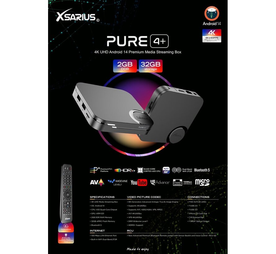 Xsarius Pure 4+ UHD - plus versie - 4K Android 14 Media Player - Copy