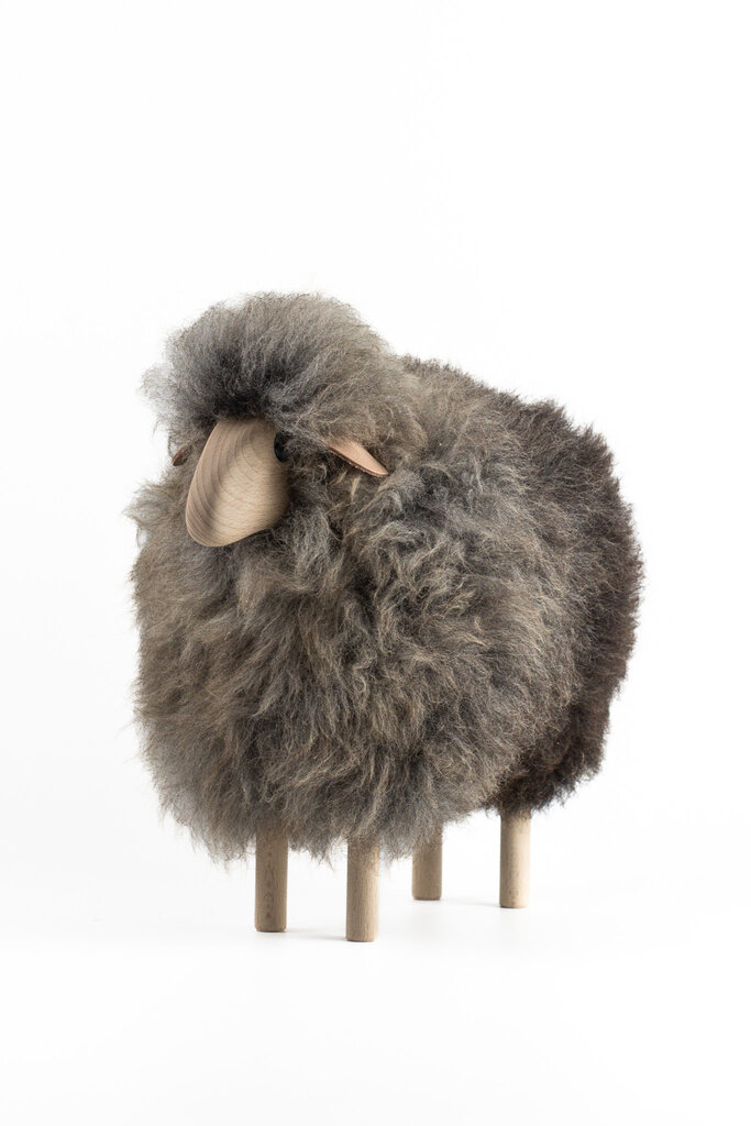Schaf - aus Holz mit echtem, graubraunem  Schaffell
