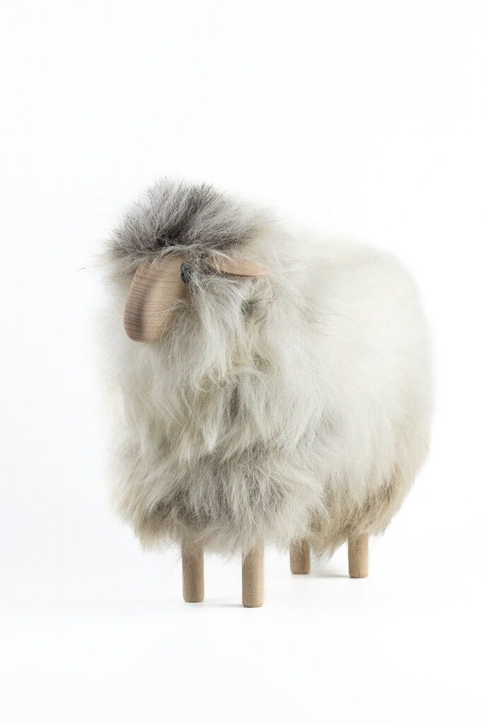 Schaf - aus Holz mit echtem, graubraunem  Schaffell