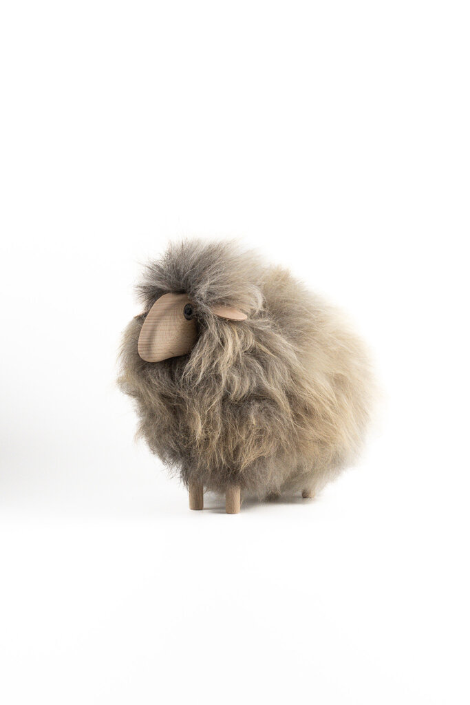 Schaf - aus Holz mit echtem, graubraunem  Schaffell