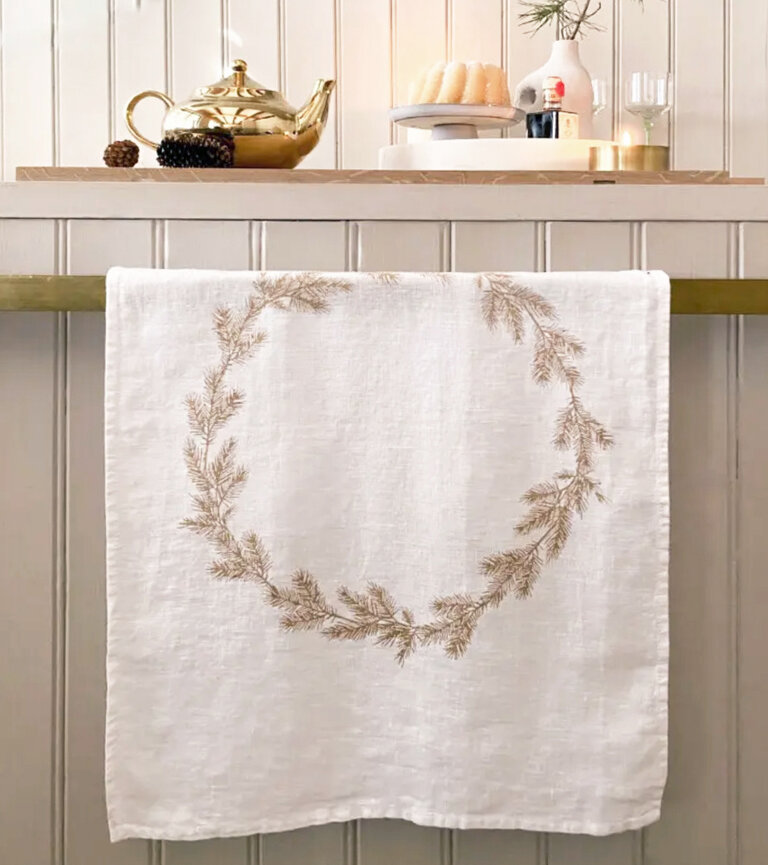 Geschirrtuch - weißes Leinen mit Golddruck