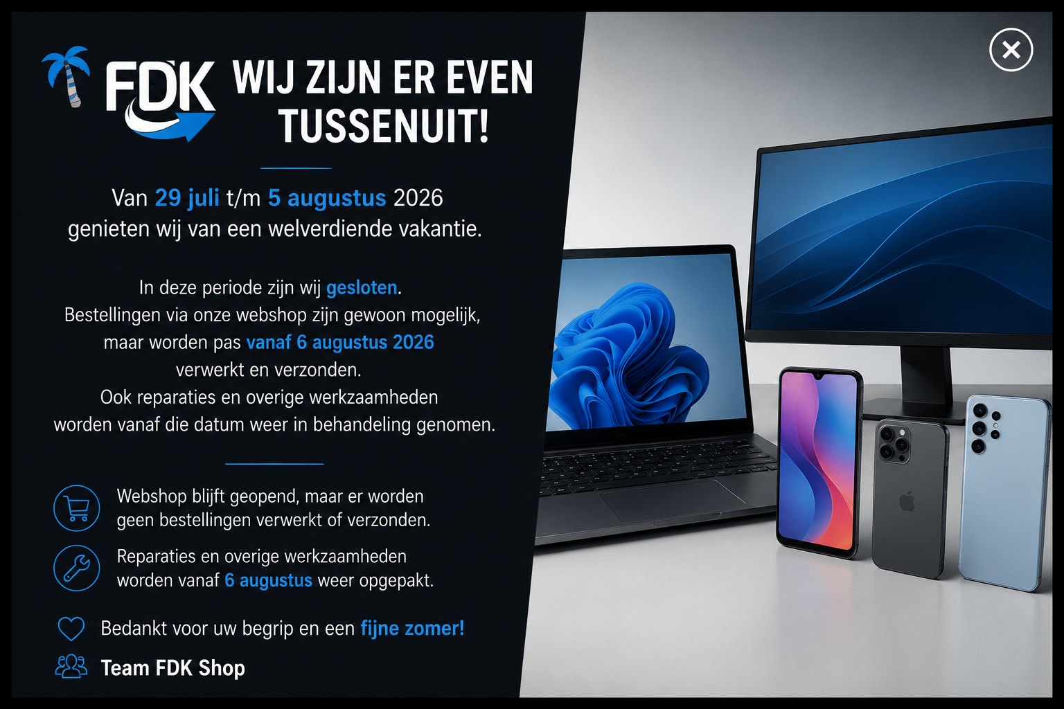 Vakantiemelding FDK Shop