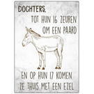 Creatief Art Spreukenbordje: Dochters, tot hun 16 willen ze een paard. Om hun 17 komen ze thuis met een ezel! | Houten Tekstbord