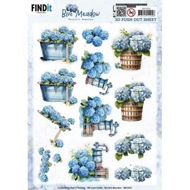 find it 3D Ausschiebefolie - Blaue Wiesenblumen in einer Regentonne