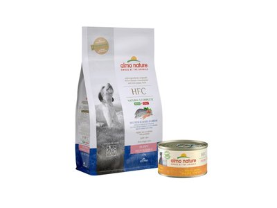 Almo Nature HFC Puppy pakket voor middelgrote hondenrassen - 1x HFC Droogvoor Puppy Zeebaars & Zeebrasem 1,2kg + 24x HFC Natvoer Puppy kip 95g