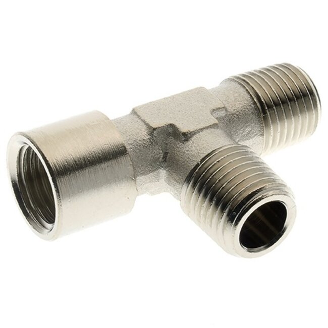 MESSING VERNIKKELD ZIJ-TEE INSCHROEFNIPPEL- BSPT MALE/BSP FEMALE - TEE