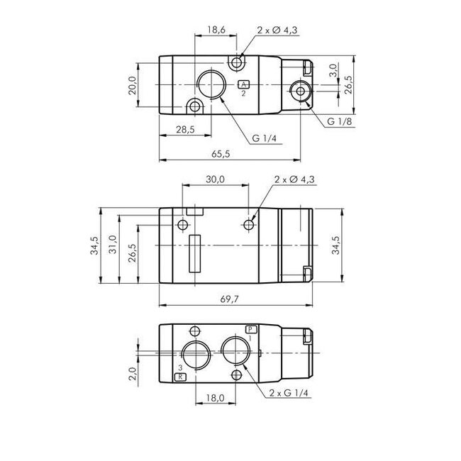 3/2-weg pneumatisch ventiel 1/4" - gesloten  (NC)