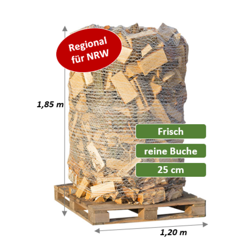 Frisches Kaminholz -reine Buche 25 cm - 2 SRM (800 kg) auf Palette verpackt
