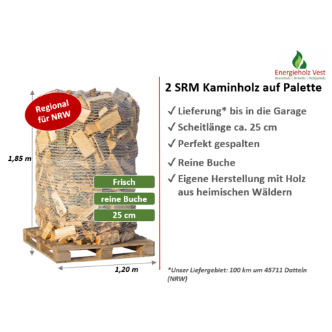Frisches Kaminholz -reine Buche 25 cm - 2 SRM (800 kg) auf Palette verpackt