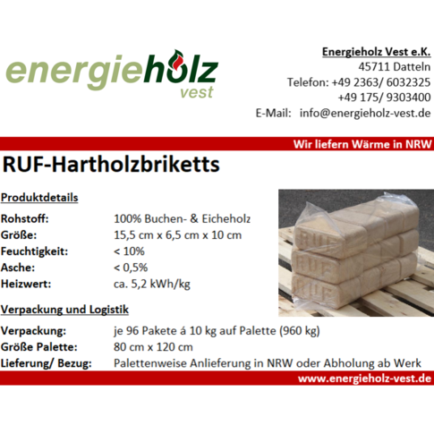 RUF Hartholzbriketts Premium - 960 kg auf Palette