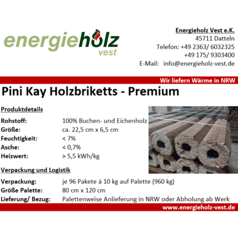 Pini Kay Holzbriketts - 960 kg auf Palette - Premium