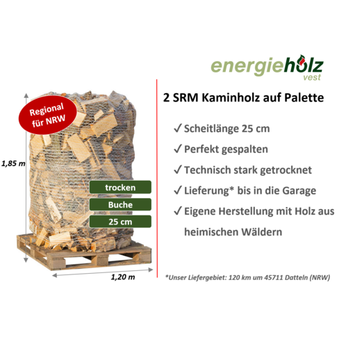 Trockenes Kaminholz - Buche - 25 cm Scheitlänge- 2 SRM (700 kg) auf Palette