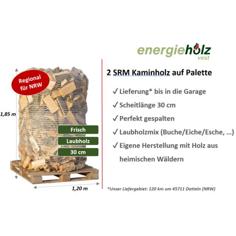 Frisches Kaminholz - Laubholzmix - 2 SRM (800 kg) auf Palette verpackt