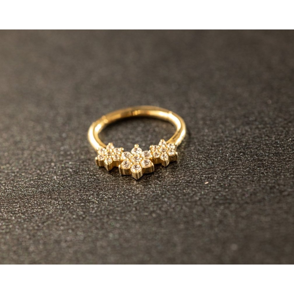 18 Karaat Goud Septum/Daith Ring - Premium Zirconia Bloemetjes