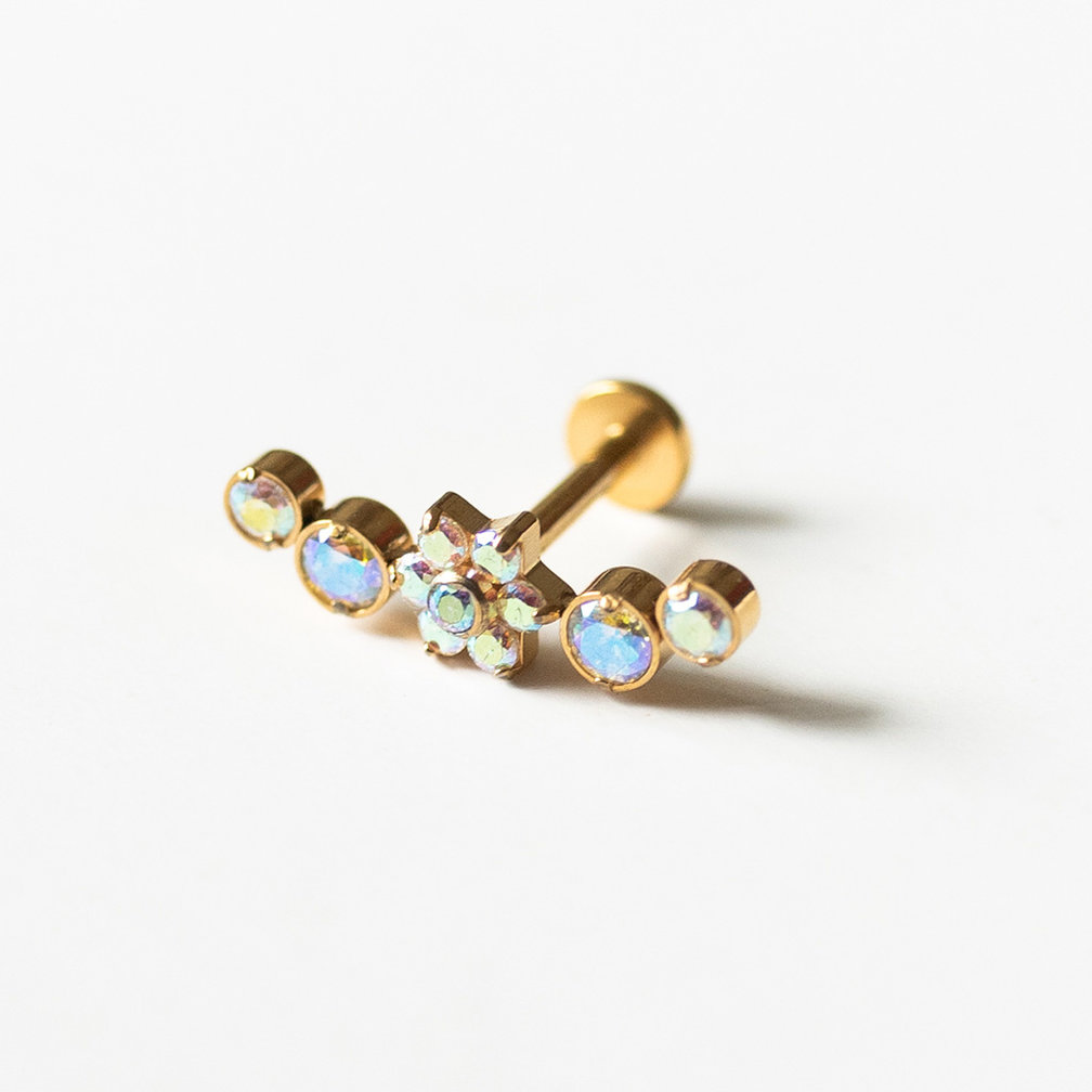 Stijlvolle en Opvallende Vergulde Barbell van Titanium - Met Bloemachtige Kristallen, Perfect voor Tragus Piercings