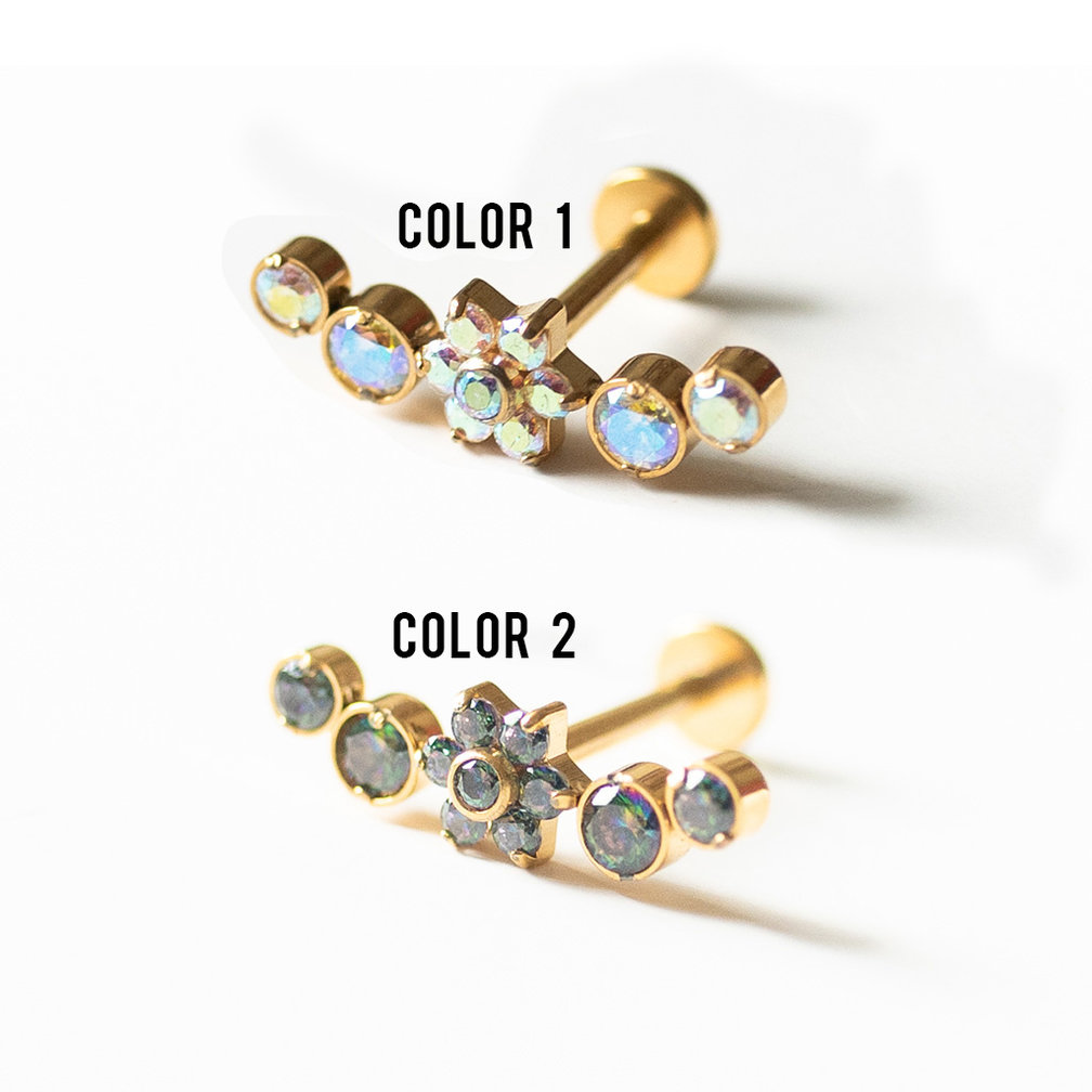 Stijlvolle en Opvallende Vergulde Barbell van Titanium - Met Bloemachtige Kristallen, Perfect voor Tragus Piercings