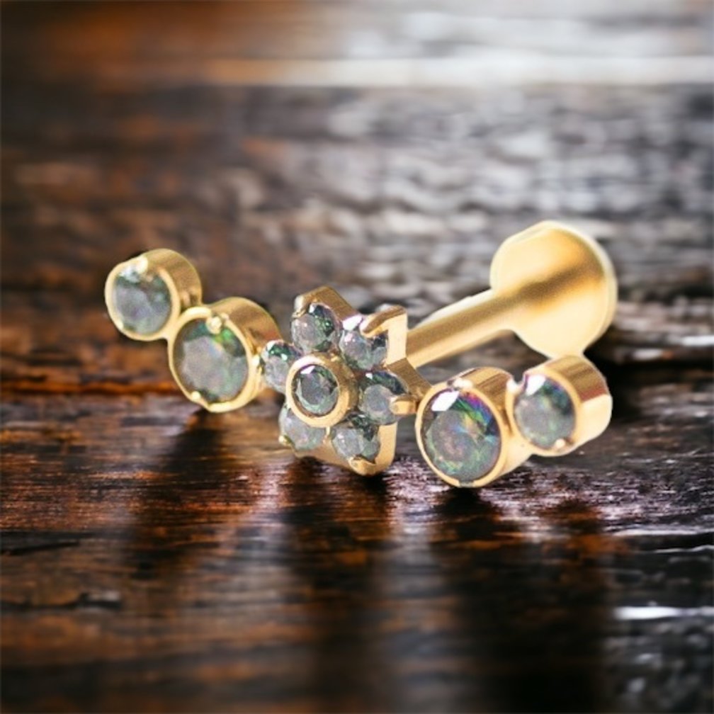 Stijlvolle en Opvallende Vergulde Barbell van Titanium - Met Bloemachtige Kristallen, Perfect voor Tragus Piercings