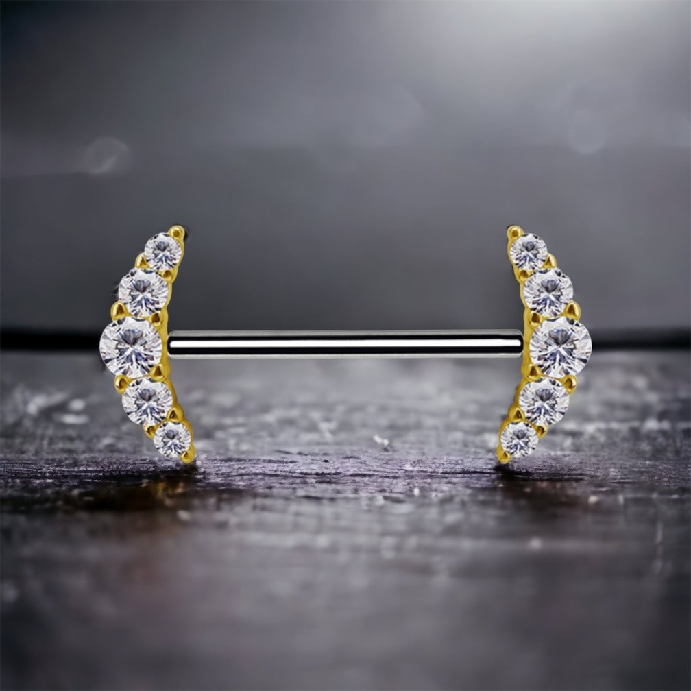 Luxueuze en Opvallende Tepel Barbell van Titanium en 18 Karaat Goud - Met Premium Zirkonia