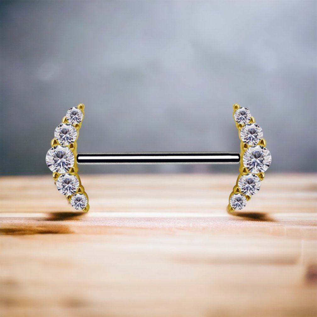 Luxueuze en Opvallende Tepel Barbell van Titanium en 18 Karaat Goud - Met Premium Zirkonia