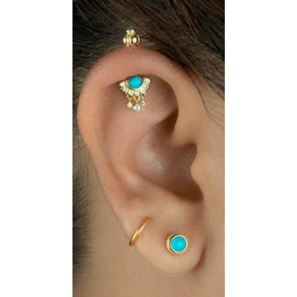 Enchanting Beauty: 18K Gold Piercing for Vertical Helix with Genuine Turquoise and White Topaz
