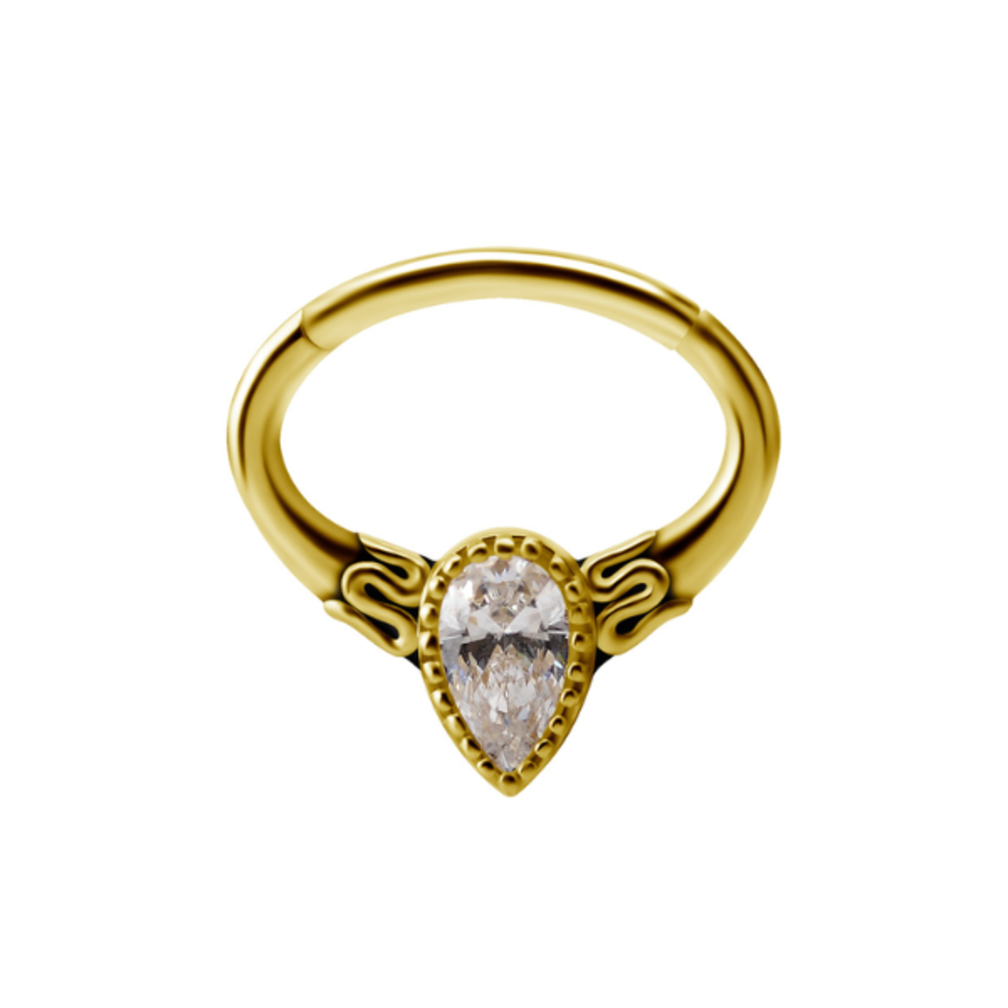 18 Karat Gold Septum/Daith Ring - Premium Zirconia Teardrop