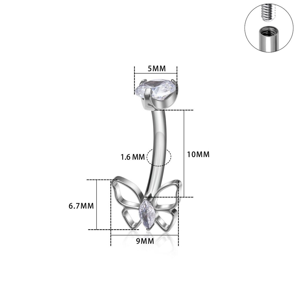Titanium Butterfly Navel Piercing – Elegant Design with Crystals