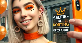 SELFIE = KORTING – Koningsdagactie bij PiercingsWorks!
