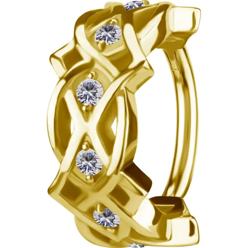 Cross Weave Conch Piercing van CoCr nikkelvrije legering met 18K Gold PVD & Premium Cubic Zirconia – Limited Edition 2026 | Piercings Works