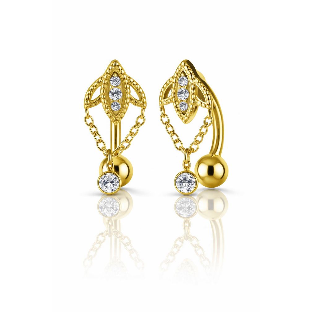 Golden Leaf Chain Navel Piercing van CoCr nikkelvrije legering met 18K Gold PVD & Premium Cubic Zirconia | Limited Edition 2026 | Piercings Works