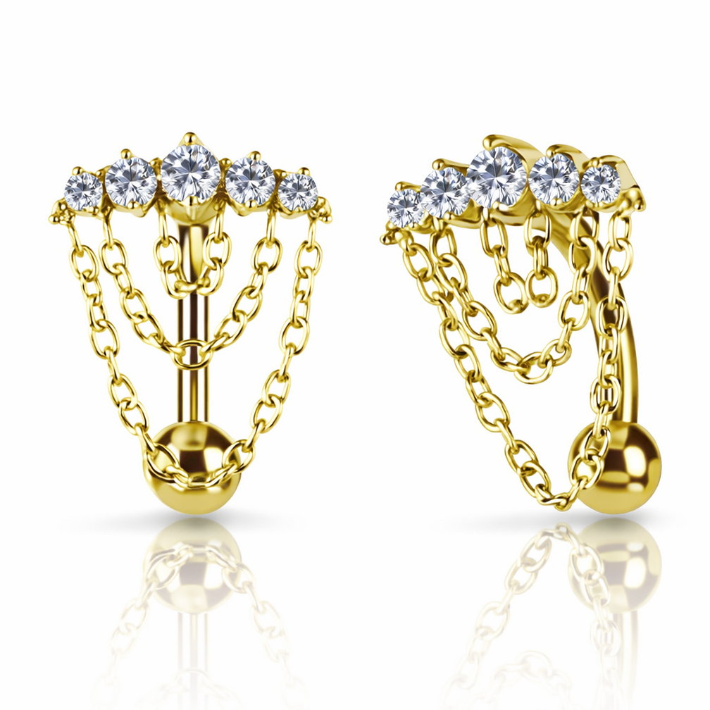 Golden Chain Cluster Navel Piercing van CoCr nikkelvrije legering met 18K Gold PVD & Premium Cubic Zirconia | Limited Edition 2026 | Piercings Works