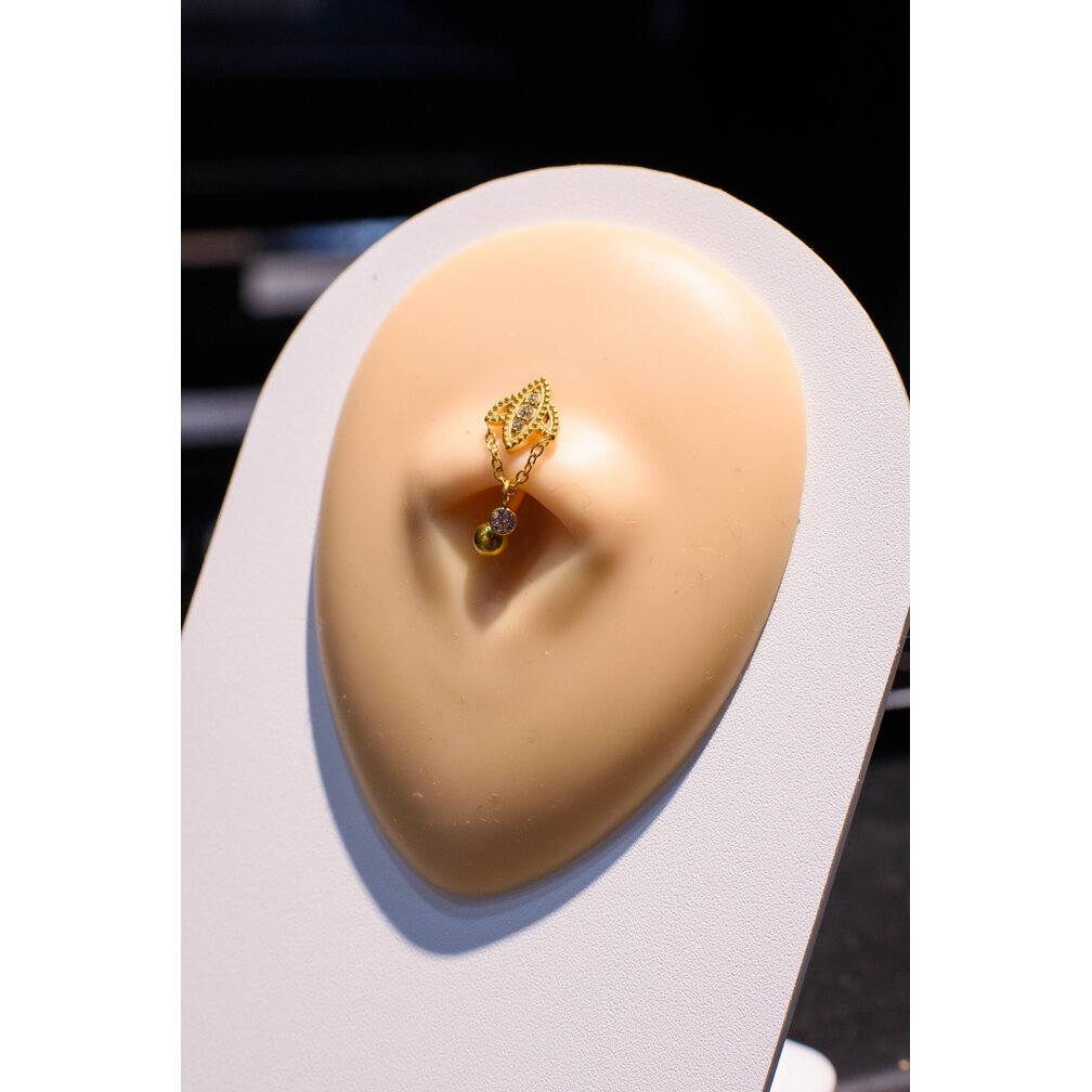 Golden Leaf Chain Navel Piercing van CoCr nikkelvrije legering met 18K Gold PVD & Premium Cubic Zirconia | Limited Edition 2026 | Piercings Works