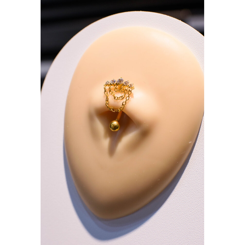 Golden Chain Cluster Navel Piercing van CoCr nikkelvrije legering met 18K Gold PVD & Premium Cubic Zirconia | Limited Edition 2026 | Piercings Works