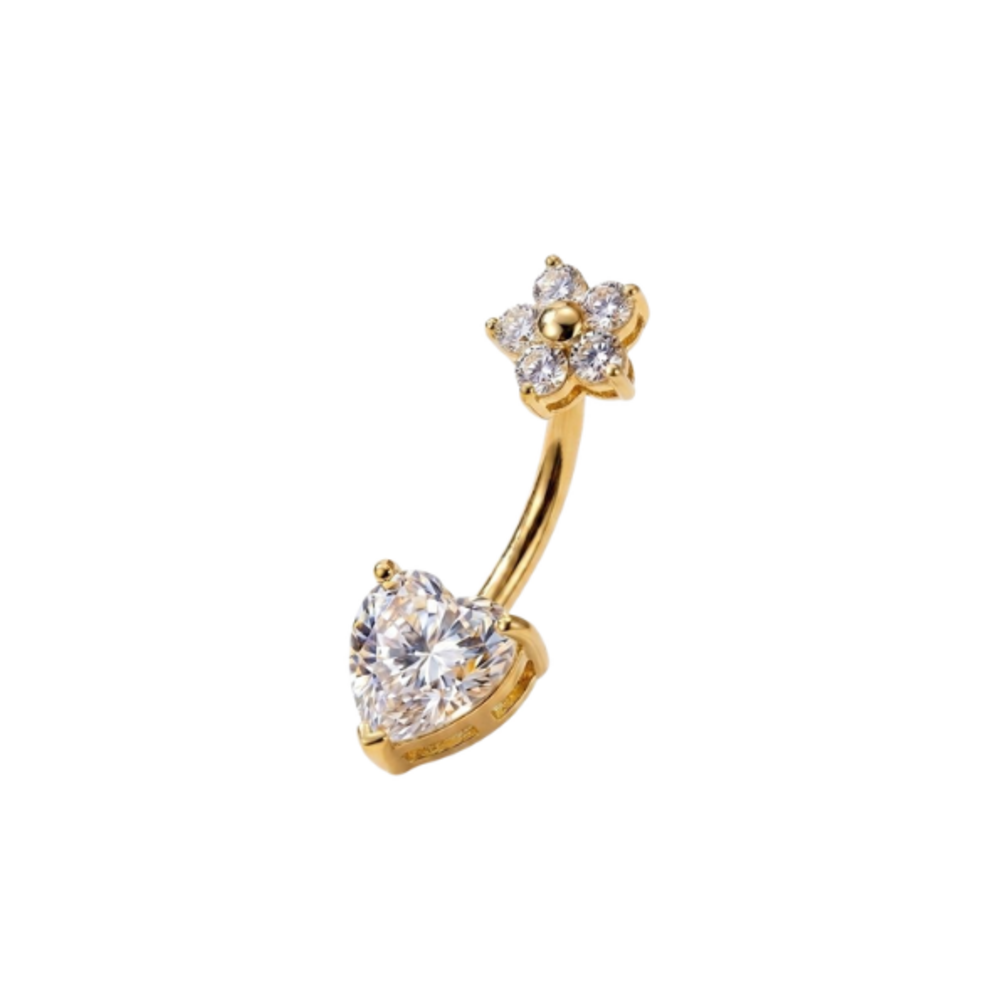 Titanium Navelpiercing met Bloemtop & Hartsteen – Goudkleurig