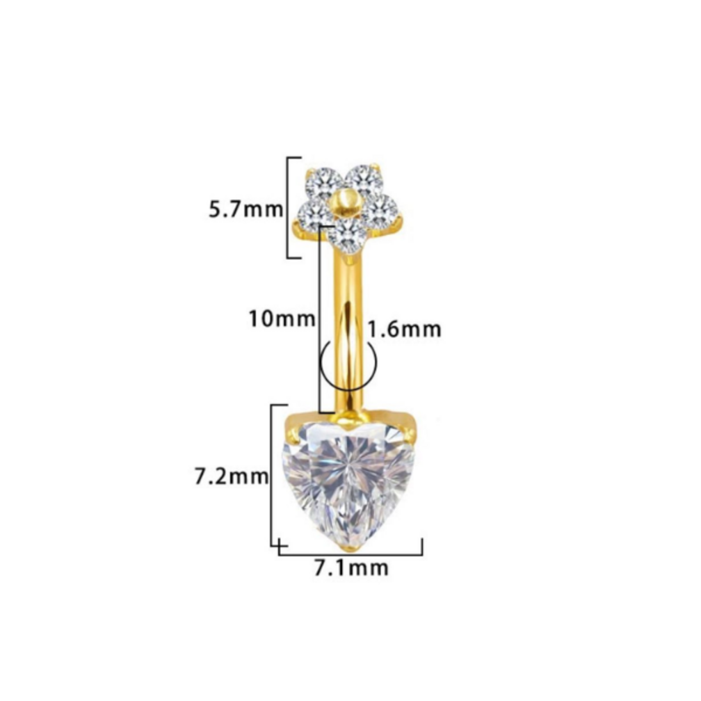 Titanium Navelpiercing met Bloemtop & Hartsteen – Goudkleurig