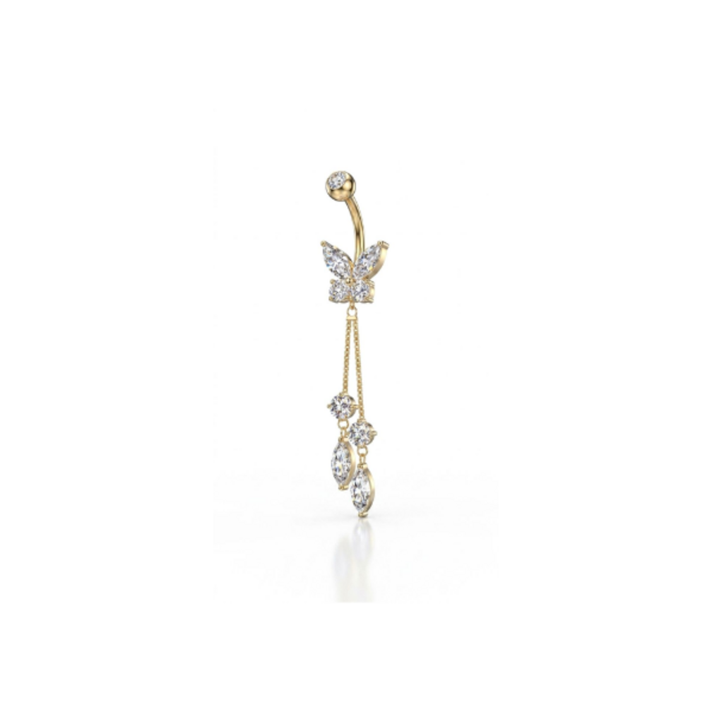 Titanium Navelpiercing met Vlinder en Hangende Steentjes